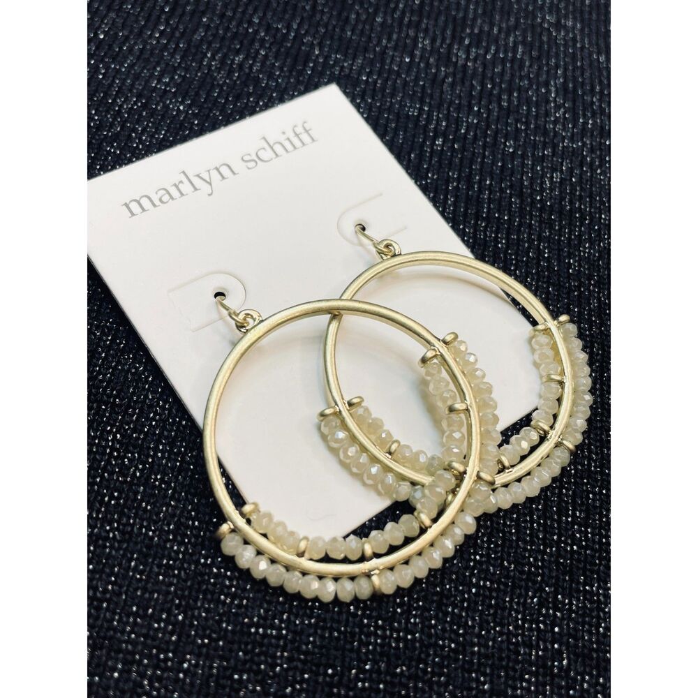 ~ NEW Marlyn Schiff Hoop Earrings Gold Tone Matte Open Dangle Ivory Beads Boho